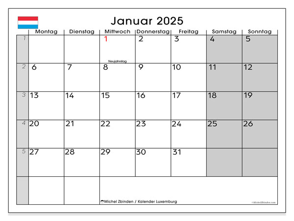 Calendario gennaio 2025, Lussemburgo (DE). Programma da stampare gratuito.