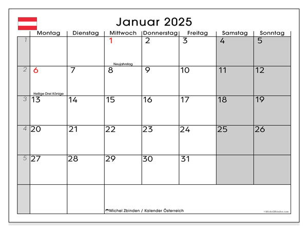 Kalendarz styczen 2025, Austria (DE). Darmowy terminarz do druku.