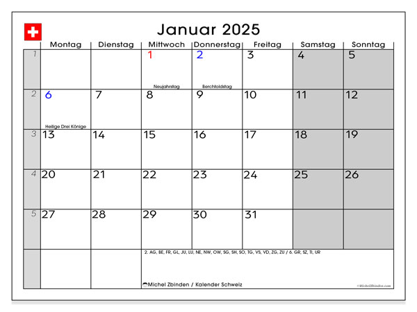Kalender januar 2025, Sveits (DE). Gratis program for utskrift.