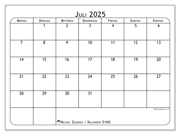 Kalender zum Ausdrucken, Juli 2025, 51MS