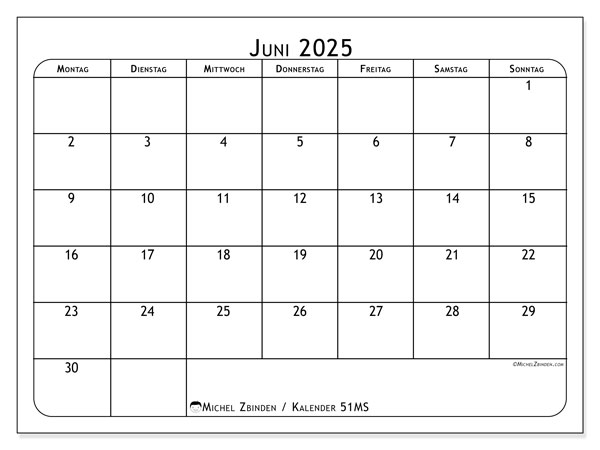 Kalender zum Ausdrucken, Juni 2025, 51MS