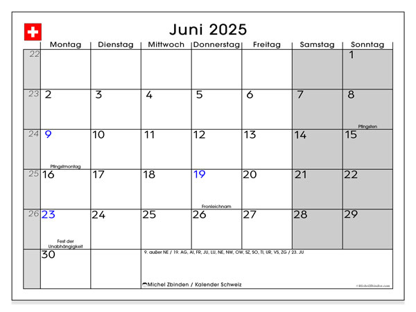 Kalender zum Ausdrucken, Juni 2025, Schweiz
