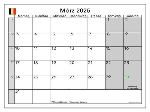 Kalender März 2025 “Belgien”. Kalender zum Ausdrucken kostenlos.. Montag bis Sonntag