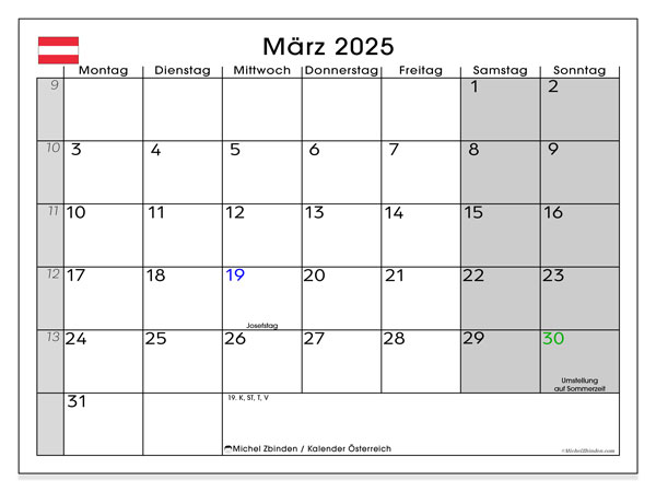Kalendarz marzec 2025, Austria (DE). Darmowy kalendarz do druku.