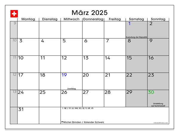 Kalender marts 2025, Schweiz (DE). Gratis kalender til print.