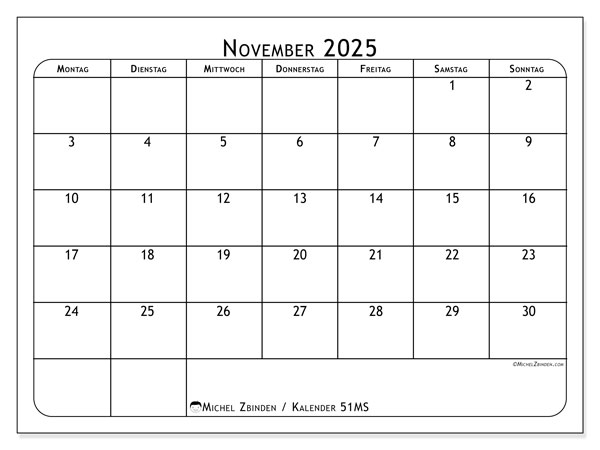 Kalender zum Ausdrucken, November 2025, 51MS