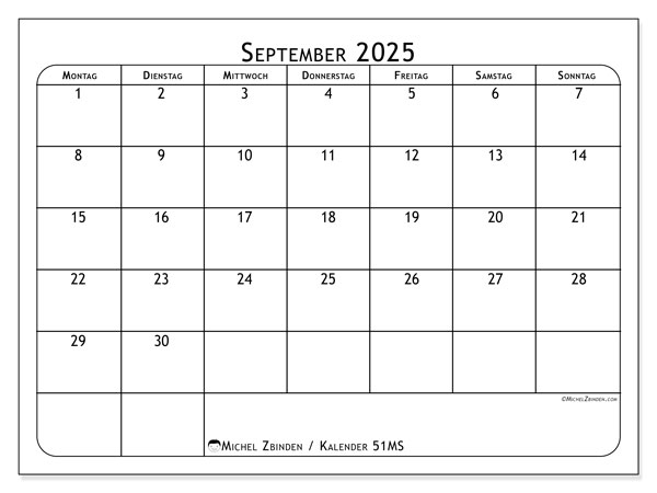 Kalender zum Ausdrucken, September 2025, 51MS