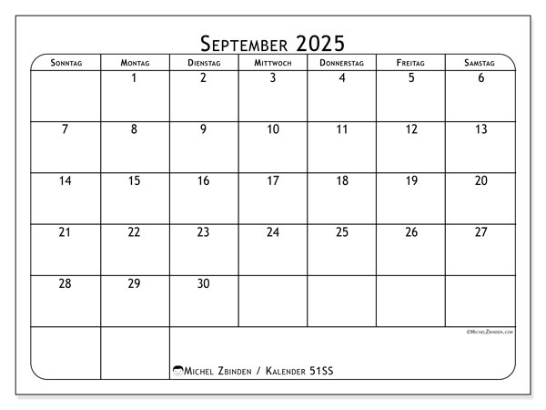 Kalender zum Ausdrucken, September 2025, 51SS