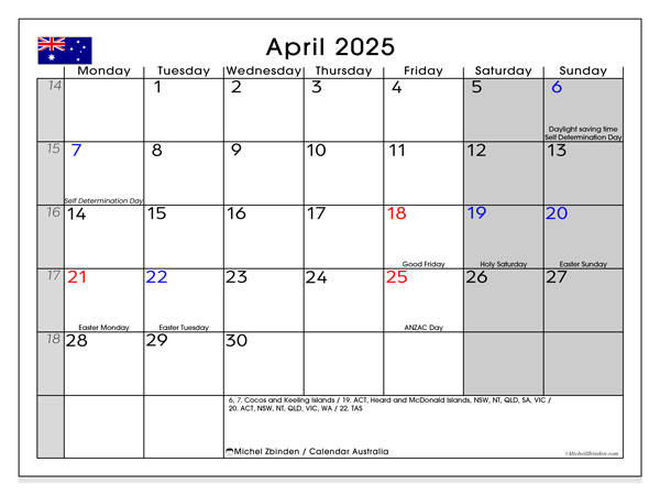 Kalender April 2025, Australien (EN). Programm zum Ausdrucken kostenlos.