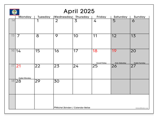 Kalender april 2025, Belize (EN). Schema för gratis utskrift.