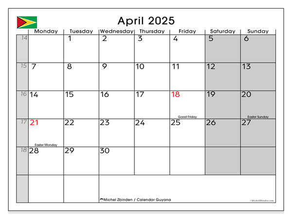 Kalenteri huhtikuu 2025, Guyana (EN). Ilmainen tulostettava ohjelma.