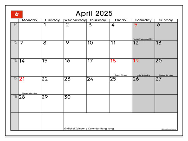 Kalender April 2025, Hongkong (EN). Programm zum Ausdrucken kostenlos.