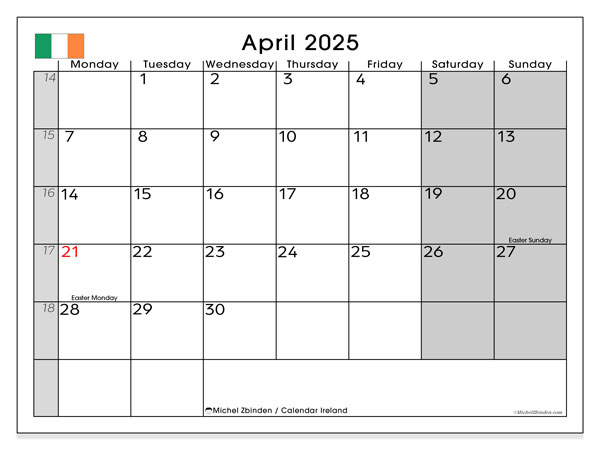 Kalender April 2025, Irland (EN). Programm zum Ausdrucken kostenlos.