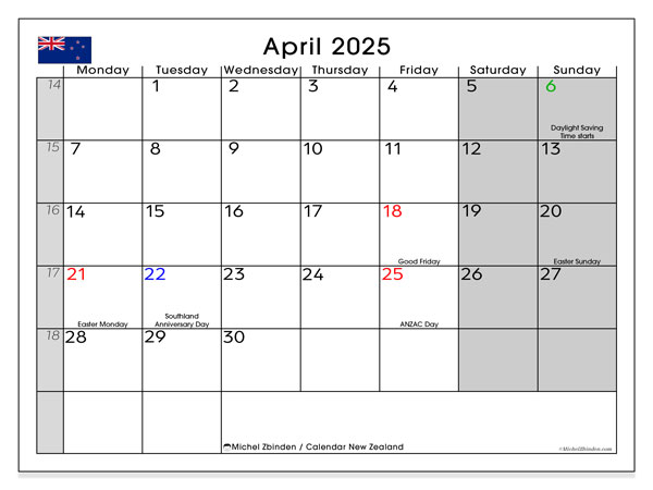 Kalender April 2025, Neuseeland (EN). Programm zum Ausdrucken kostenlos.