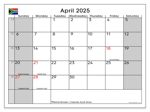 Kalender april 2025, Sydafrika (EN). Gratis kalender til print.