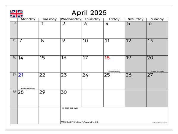 Kalenteri huhtikuu 2025, Yhdistynyt kuningaskunta (EN). Ilmainen tulostettava ohjelma.
