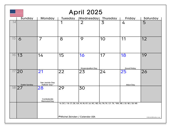 Kalenteri huhtikuu 2025, Yhdysvallat (EN). Ilmainen tulostettava ohjelma.