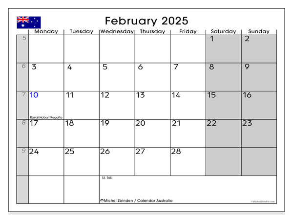 Kalender februari 2025, Australien (EN). Gratis karta som kan skrivas ut.