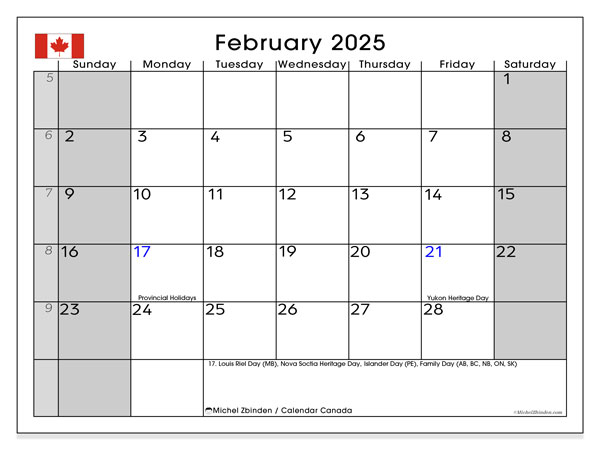 Kalenteri helmikuu 2025, Kanada (EN). Ilmainen tulostettava lehti.