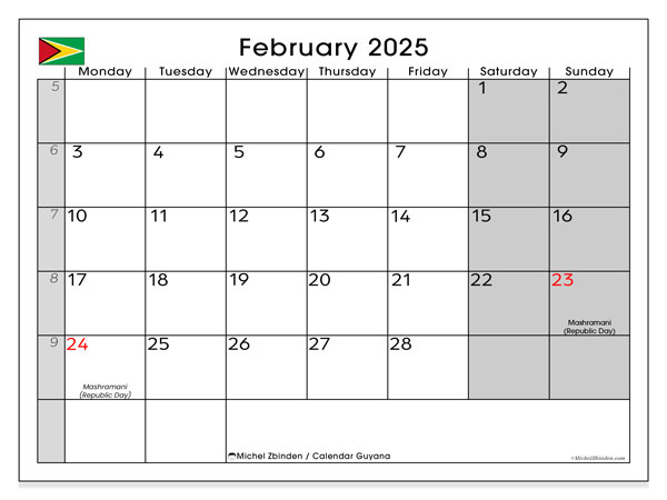 Kalenteri helmikuu 2025, Guyana (EN). Ilmainen tulostettava lehti.