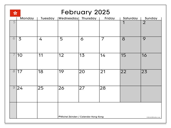 Kalender februari 2025, Hong Kong (EN). Gratis printbaar schema.