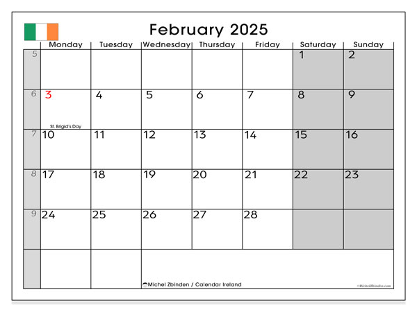 Kalenteri helmikuu 2025, Irlanti (EN). Ilmainen tulostettava lehti.