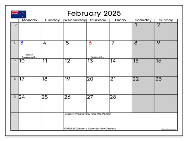 Kalendarz luty 2025, Nowa Zelandia (EN). Darmowy kalendarz do druku.