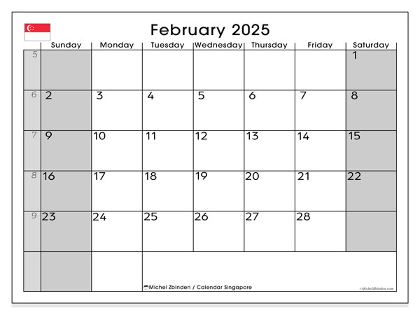 Kalenteri helmikuu 2025, Singapore (EN). Ilmainen tulostettava lehti.