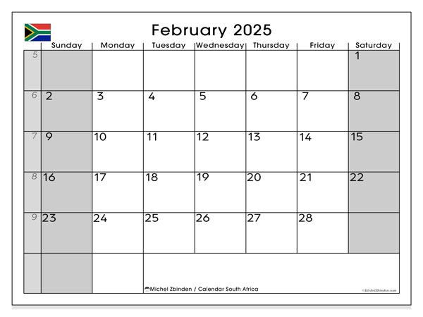 Kalender februari 2025, Zuid-Afrika (EN). Gratis printbaar schema.