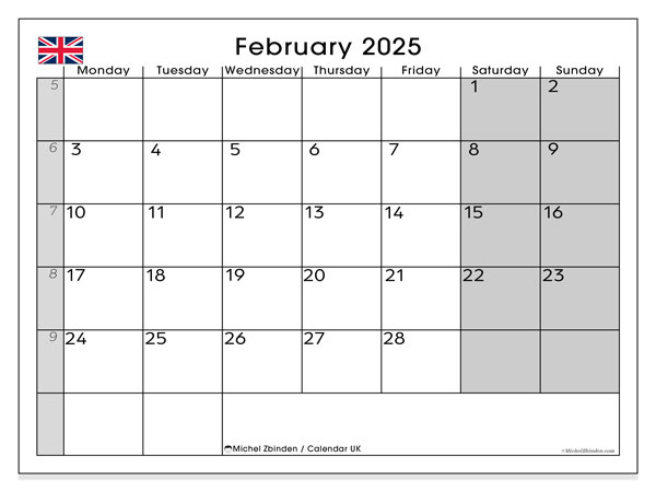 Kalendarz luty 2025, Zjednoczone Królestwo (EN). Darmowy kalendarz do druku.