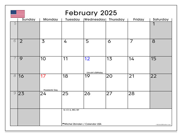Kalender februari 2025, USA (EN). Gratis karta som kan skrivas ut.