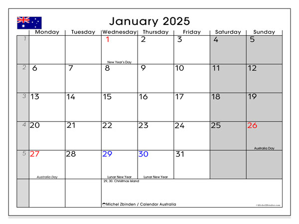 Kalendarz styczen 2025, Australia (EN). Darmowy terminarz do druku.