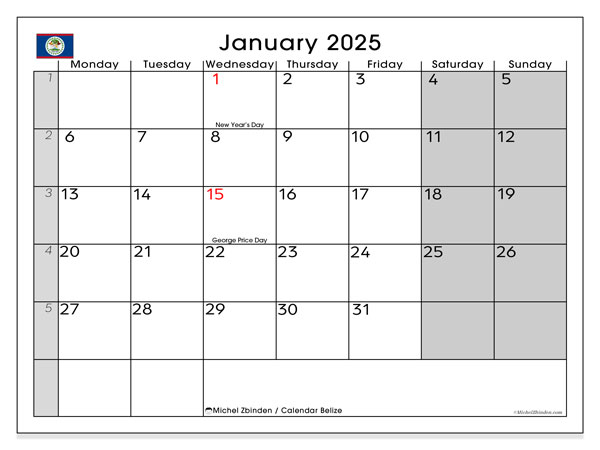 Calendario gennaio 2025, Belize (EN). Programma da stampare gratuito.