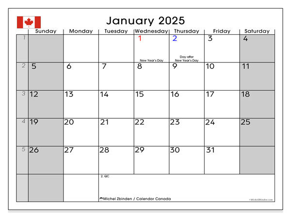 Calendario gennaio 2025, Canada (EN). Programma da stampare gratuito.