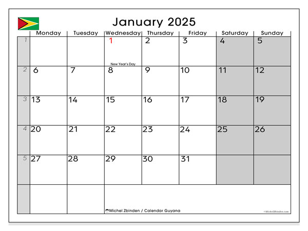 Calendario gennaio 2025, Guyana (EN). Programma da stampare gratuito.