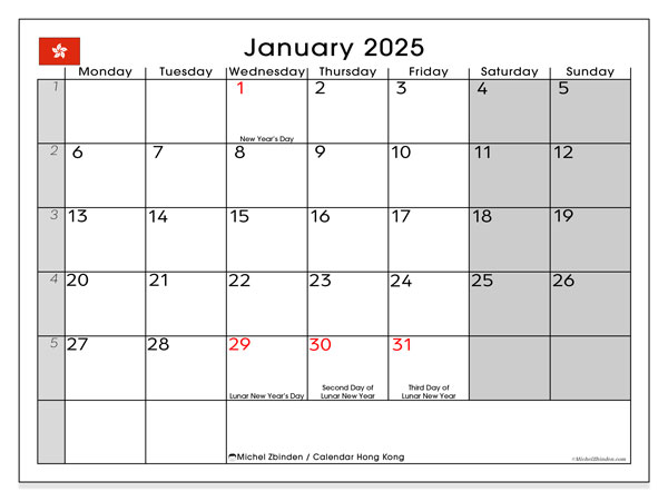 Kalender Januar 2025, Hongkong (EN). Plan zum Ausdrucken kostenlos.