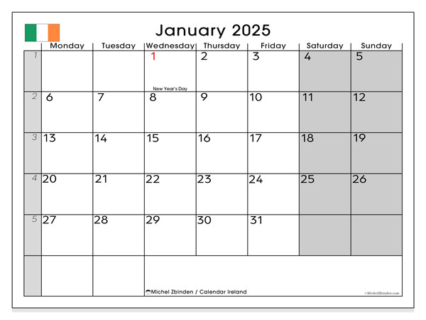 Kalender Januar 2025, Irland (EN). Plan zum Ausdrucken kostenlos.