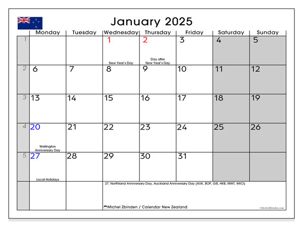 Kalendarz styczen 2025, Nowa Zelandia (EN). Darmowy terminarz do druku.
