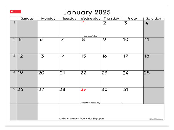 Kalender januari 2025, Singapore (EN). Gratis utskrivbart program.