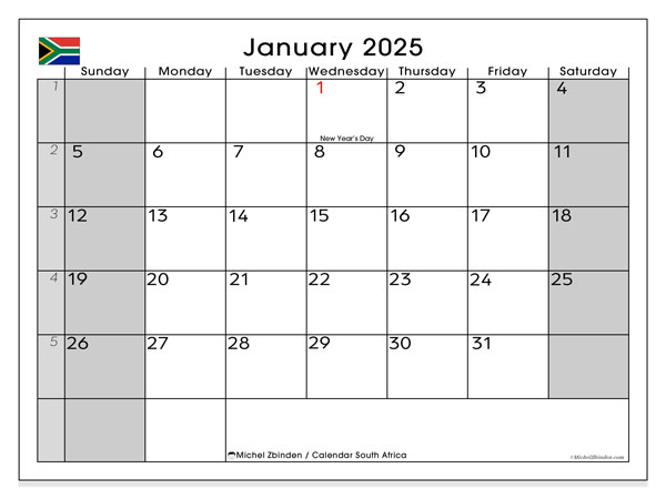Calendario gennaio 2025, Sudafrica (EN). Programma da stampare gratuito.