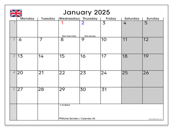 Kalender januari 2025, Storbritannien (EN). Gratis utskrivbart program.