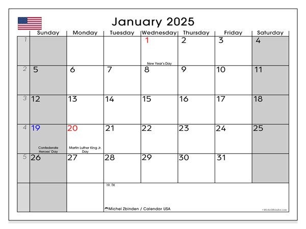 Kalender januari 2025, USA (EN). Gratis utskrivbart program.