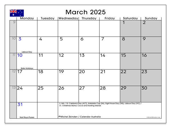 Kalender marts 2025, Australien (EN). Gratis kalender til print.