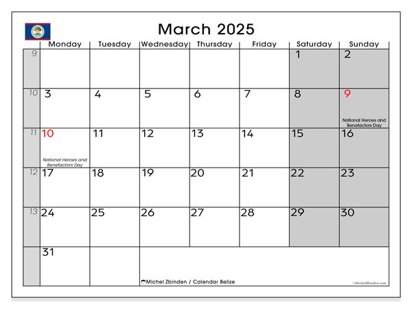 Calendario marzo 2025, Belize (EN). Programma da stampare gratuito.