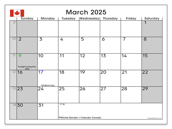 Kalenteri maaliskuu 2025, Kanada (EN). Ilmainen tulostettava ohjelma.