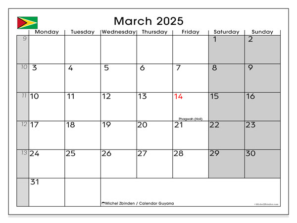 Kalenteri maaliskuu 2025, Guyana (EN). Ilmainen tulostettava ohjelma.