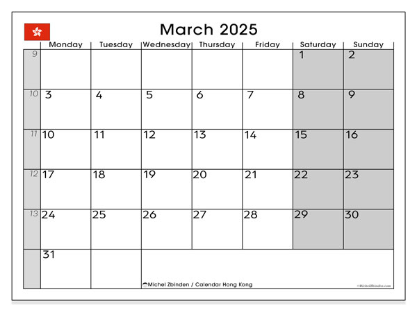 Kalender marts 2025, Hong Kong (EN). Gratis kalender til print.