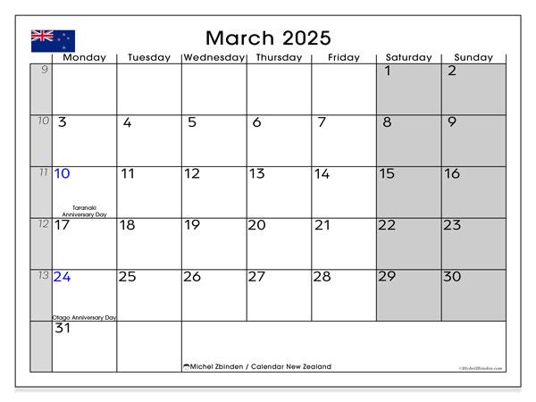 Kalendarz marzec 2025, Nowa Zelandia (EN). Darmowy kalendarz do druku.