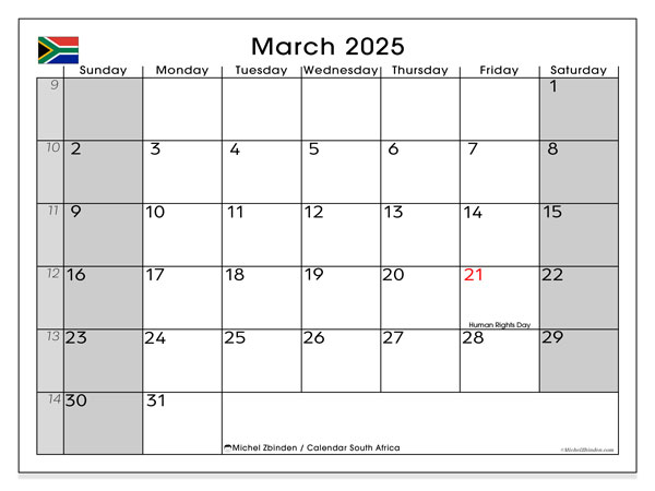 Kalendarz marzec 2025, Republika Południowej Afryki (EN). Darmowy kalendarz do druku.
