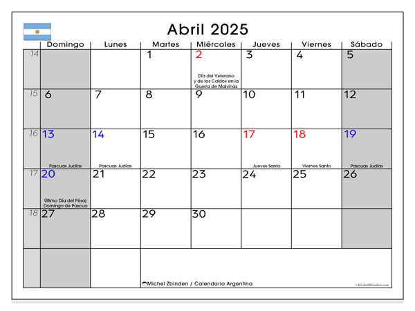 Kalender April 2025, Argentinien (ES). Programm zum Ausdrucken kostenlos.